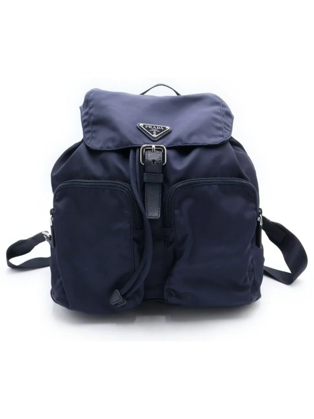 Prada Tessuto Nylon Logo Triangle Plate Backpack Navy Silver